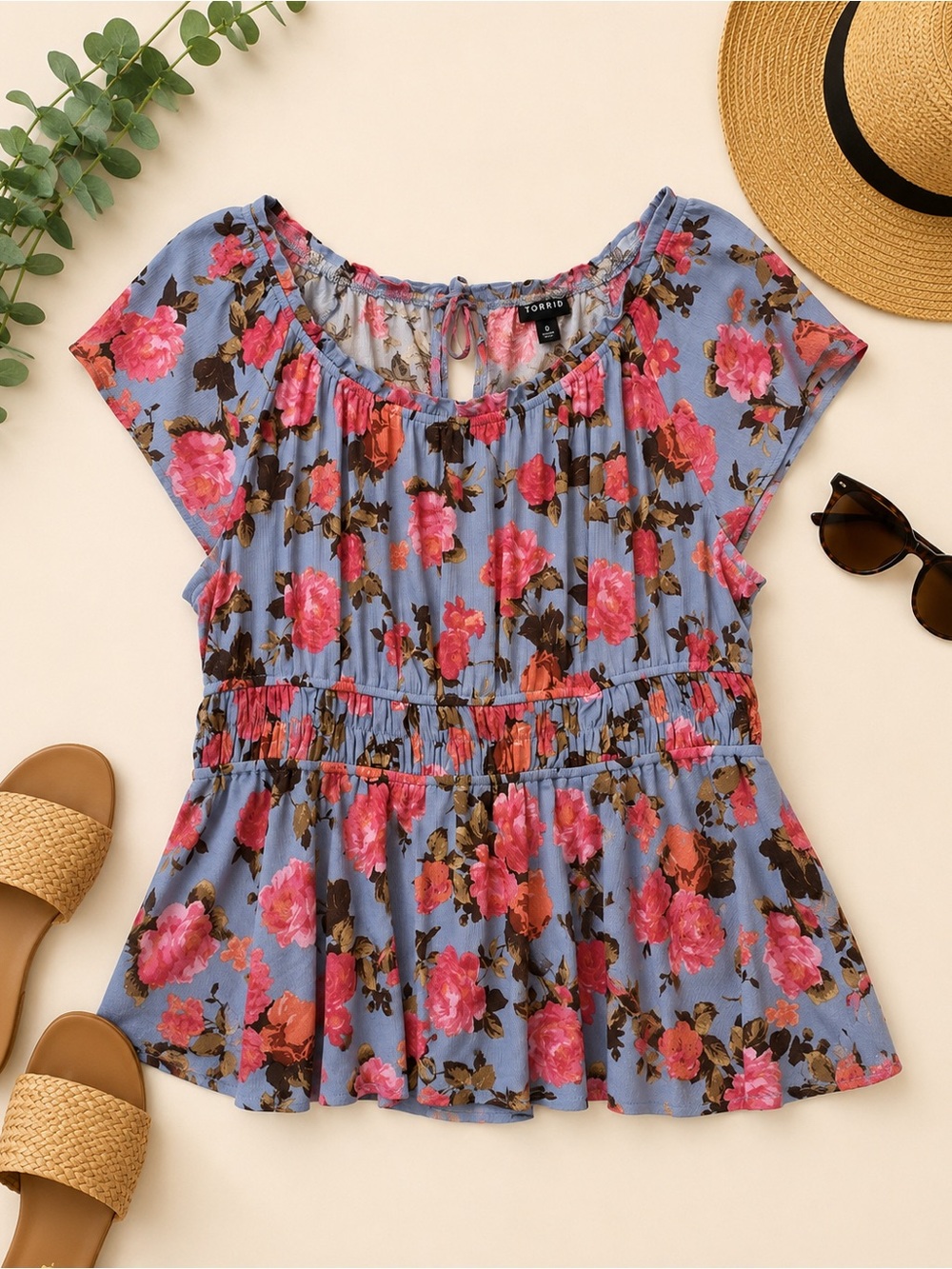 Torrid Floral Peplum Blouse Size 0 Blue Pink Off Shoulder Boho Cottagecore